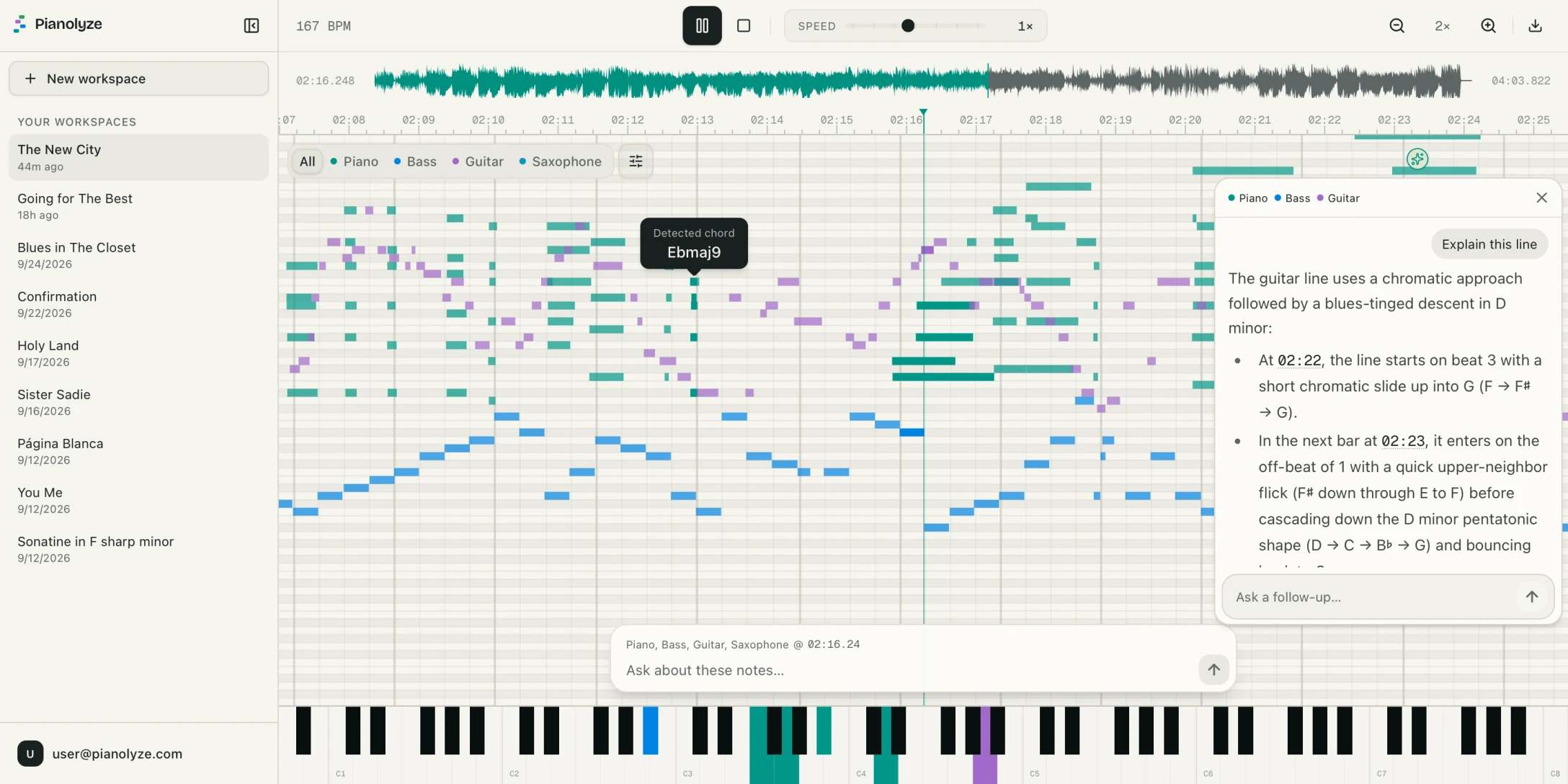 The Pianolyze workspace showing a piano roll with each instrument in its own color, a detected chord, and an answer about the guitar line